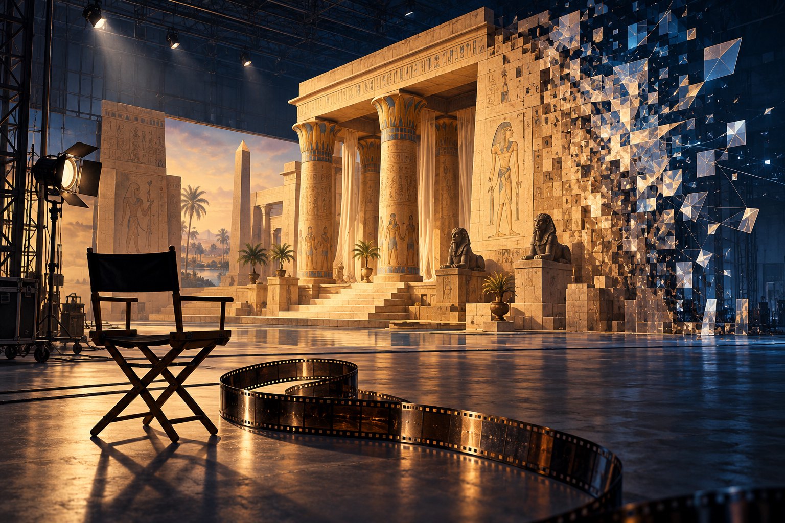 Conceptual illustration of an empty director’s chair facing an Egyptian palace set that dissolves into digital fragments.