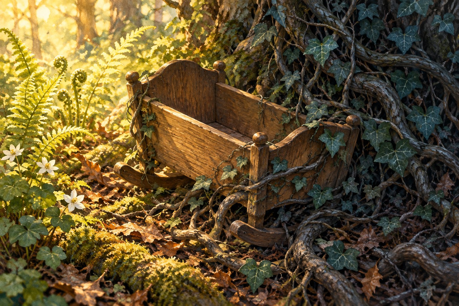 Concept illustration of an empty wooden cradle surrounded by ivy roots, with golden sunlight falling across nearby ferns.