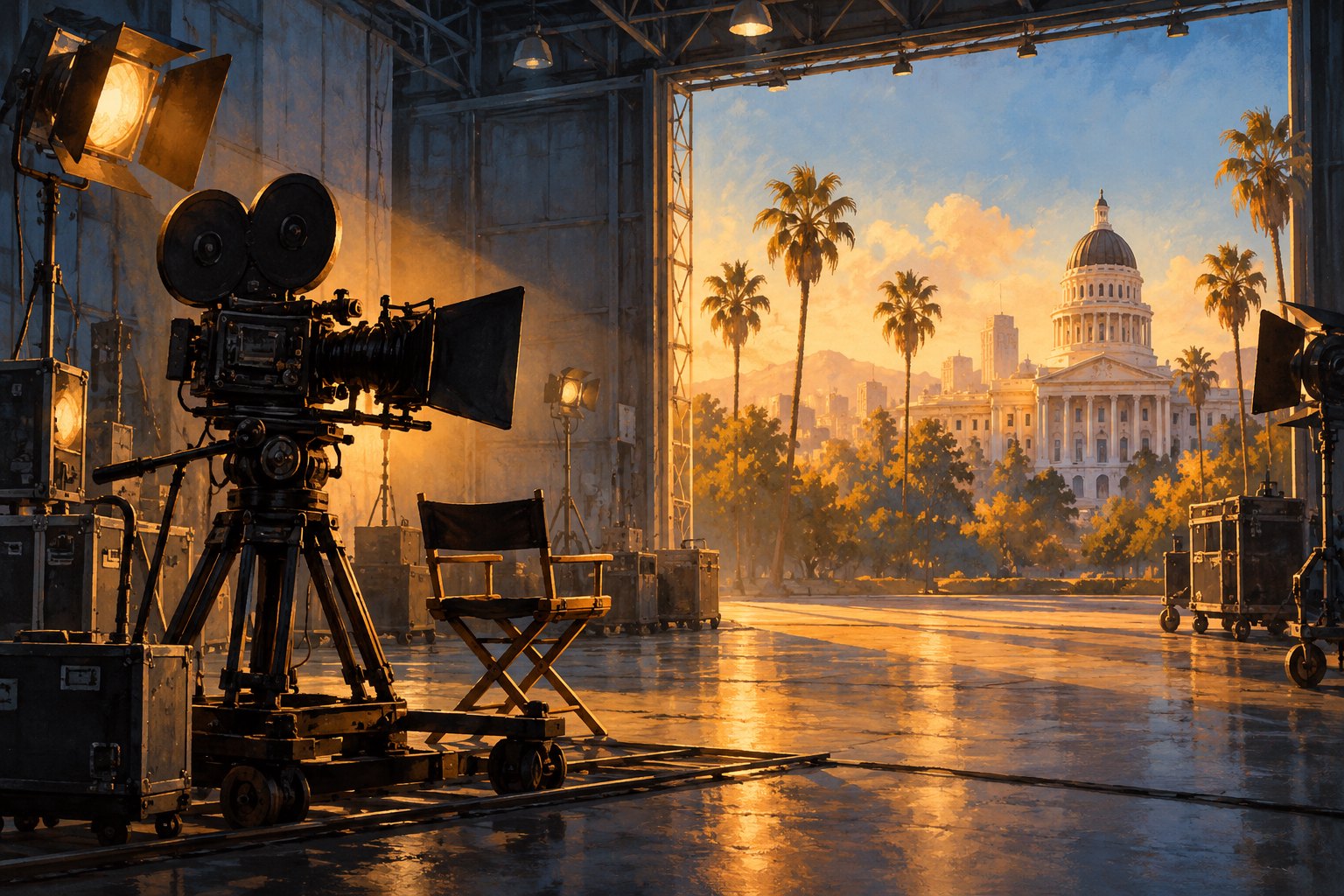 Editorial illustration of a movie camera inside a soundstage overlooking palm trees and a California capitol-style dome.