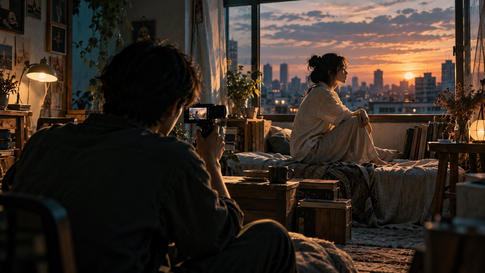拍攝者在夕陽照入的房間取景,演員坐在窗邊;為電影拍攝情境插圖,非產品實拍