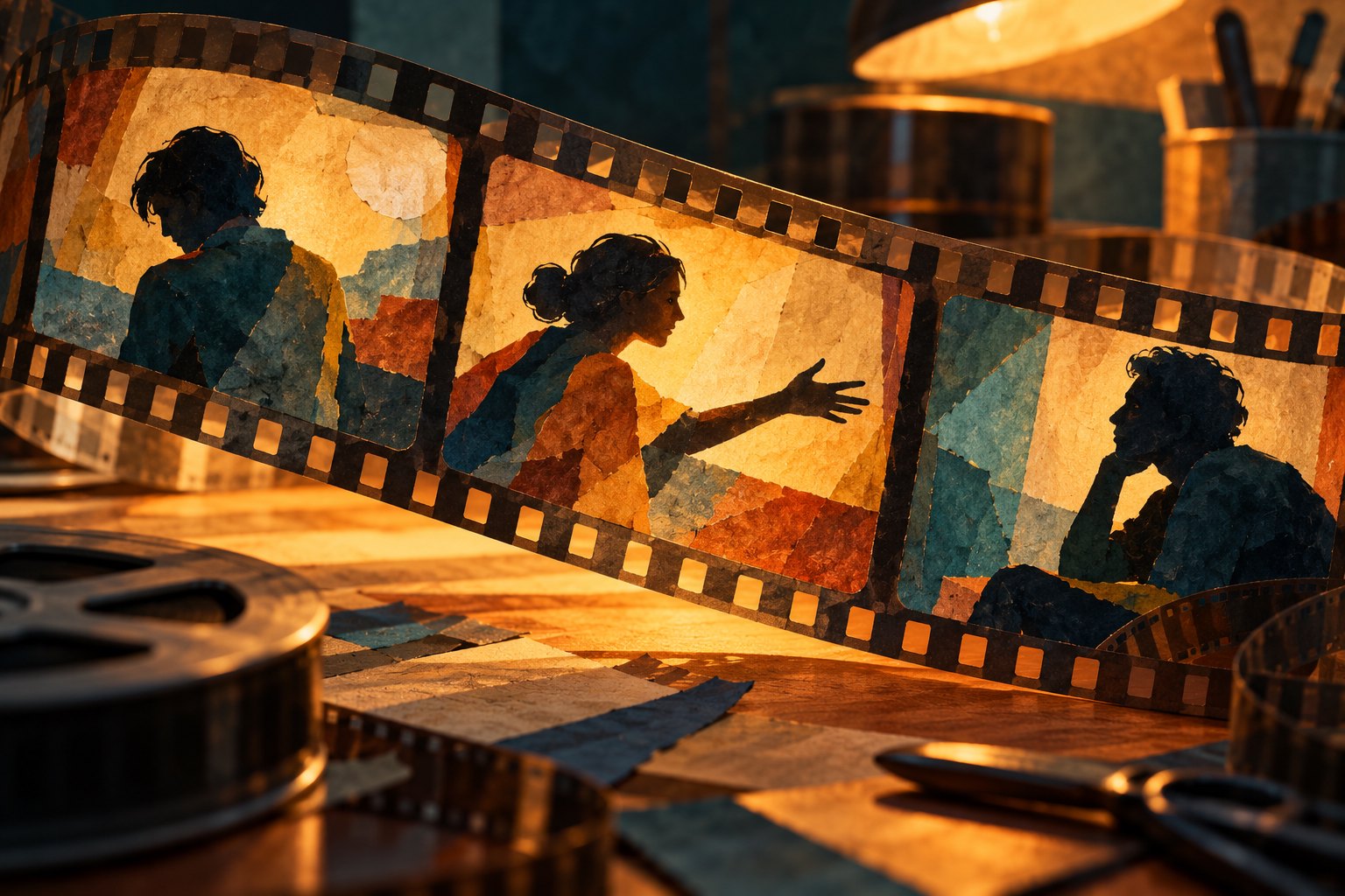 Conceptual illustration of a curling filmstrip containing three expressive human silhouettes on a warmly lit editing desk.
