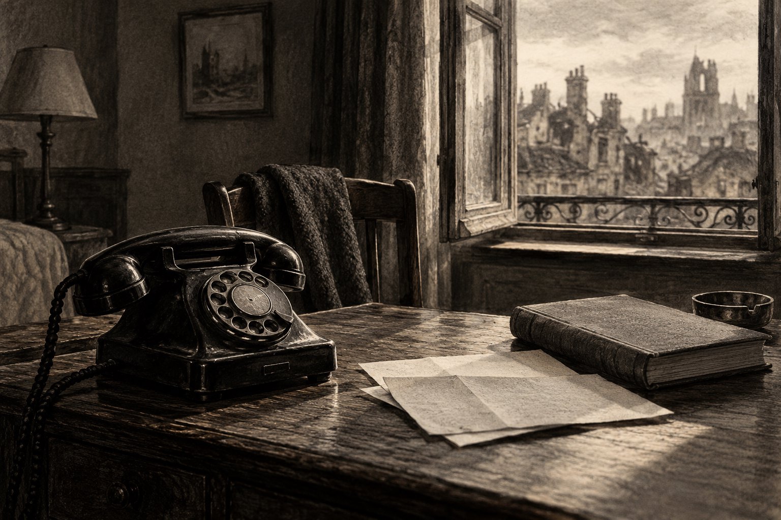 Symbolic charcoal illustration of a rotary telephone, papers, and a closed book beside an open window overlooking damaged rooftops.