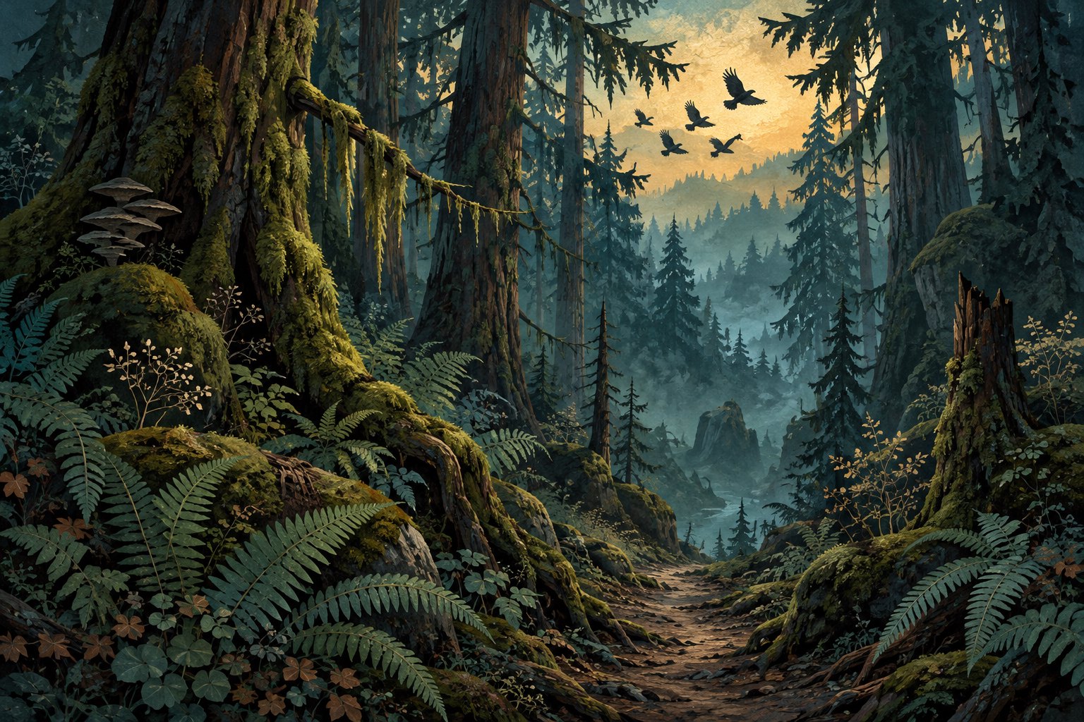 Concept illustration of crows flying above a misty forest path framed by moss-covered trees and ferns.