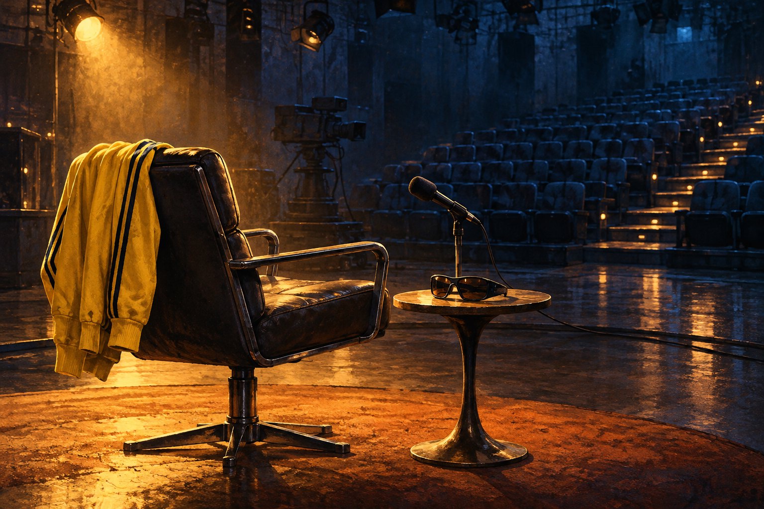 Conceptual illustration of a yellow jacket draped over an empty studio chair beside sunglasses and a microphone facing vacant audience seats.