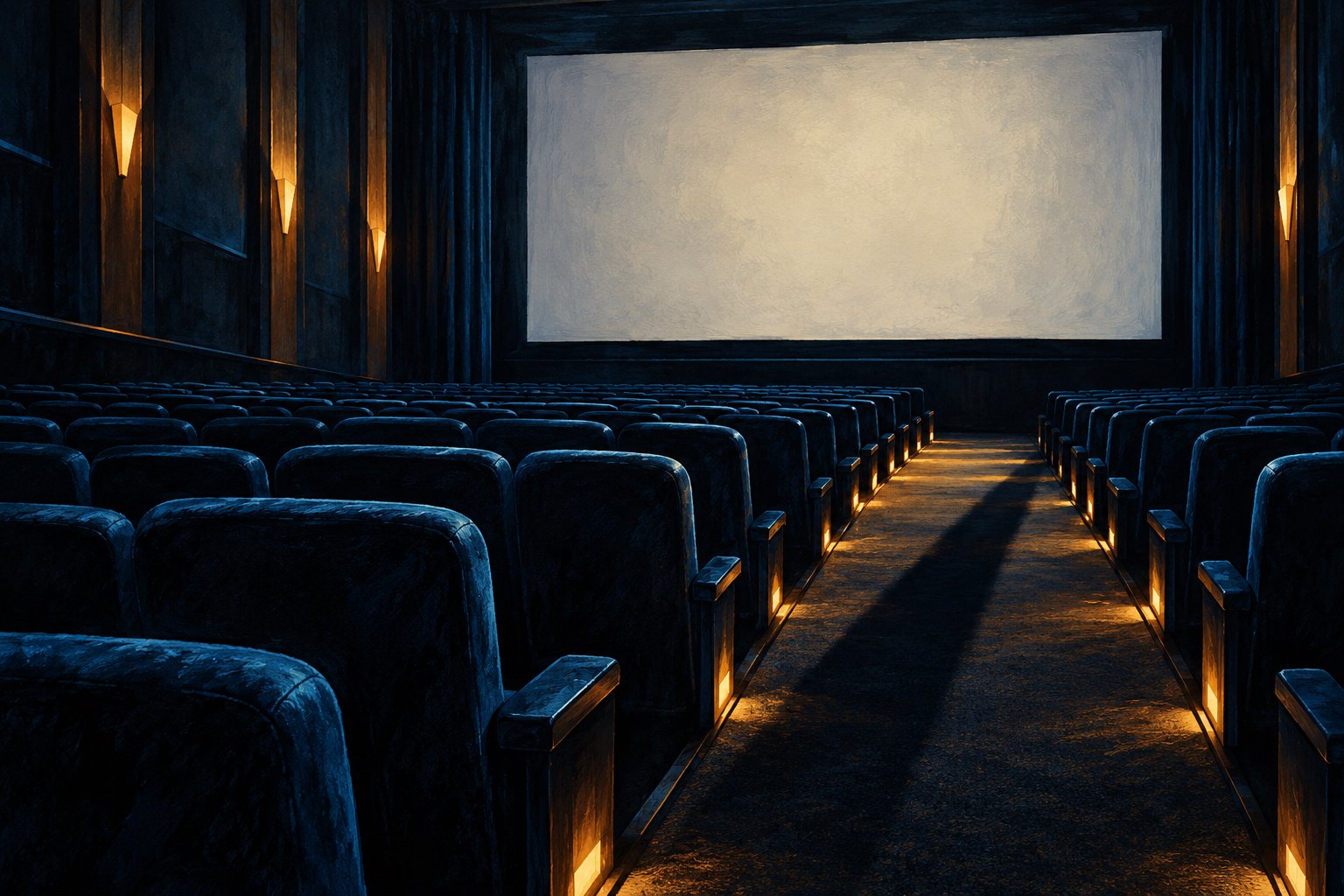 Conceptual illustration of an empty blue-seated cinema with a blank screen and an ominous shadow across the aisle.