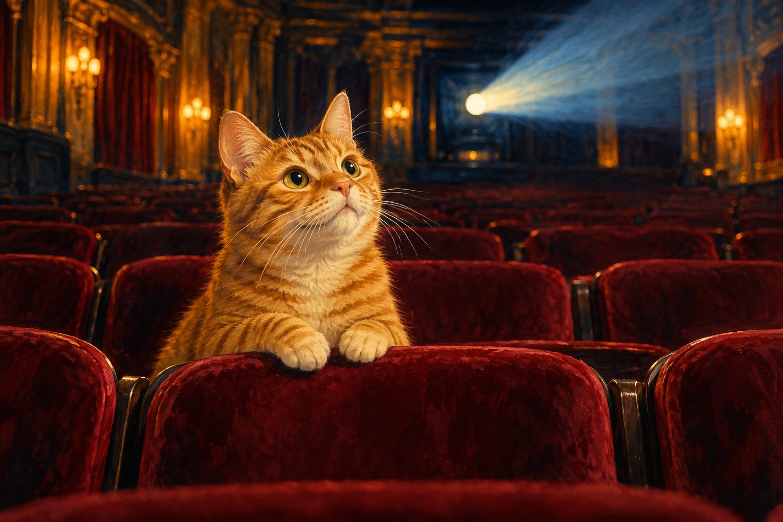 An orange tabby peers over a burgundy theater seat beneath a glowing projector beam.