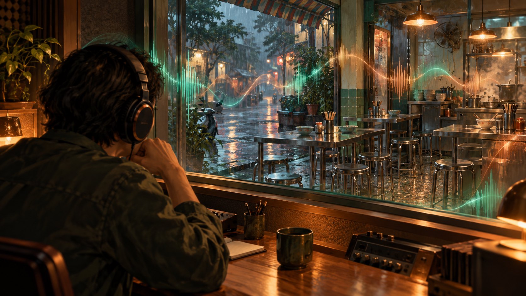 戴耳機的聲音工作者望向台灣街邊小吃店，以光線波紋呈現生活聲響的概念插畫