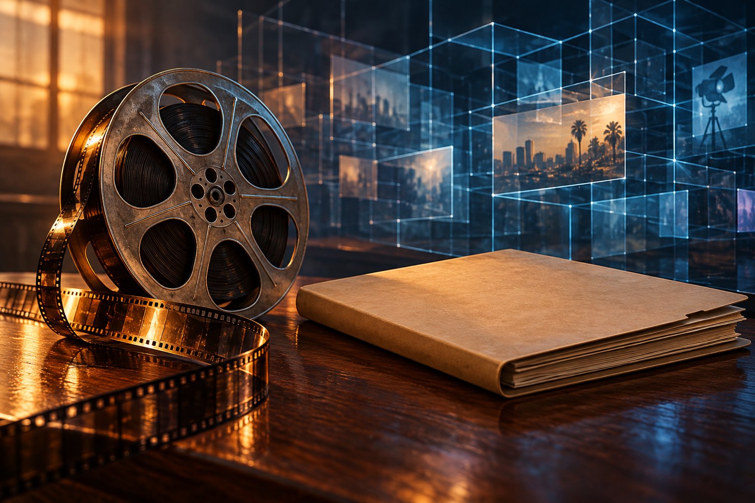 Conceptual illustration of a film reel and closed legal folder on a wooden desk with an abstract glass computer structure behind them.
