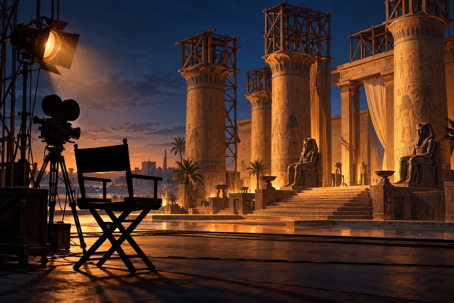 Illustration of an empty director’s chair and film camera facing an unfinished Egyptian palace set under amber studio lighting.