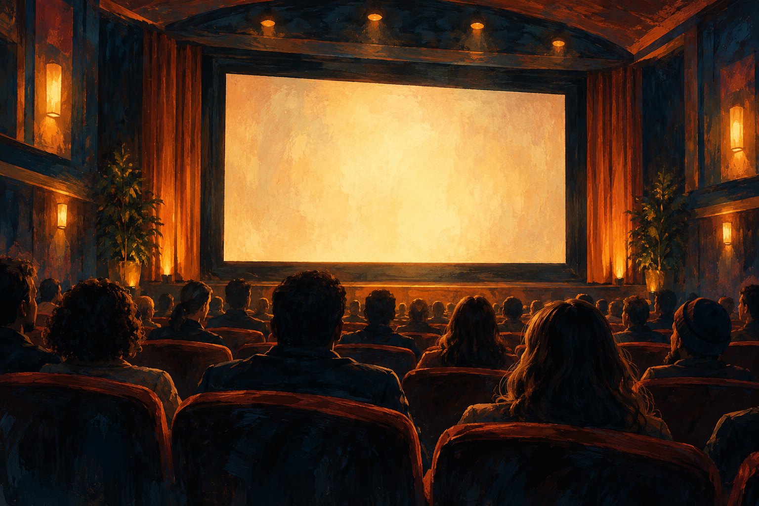Conceptual illustration of an audience facing a glowing blank screen in a warmly lit community cinema.