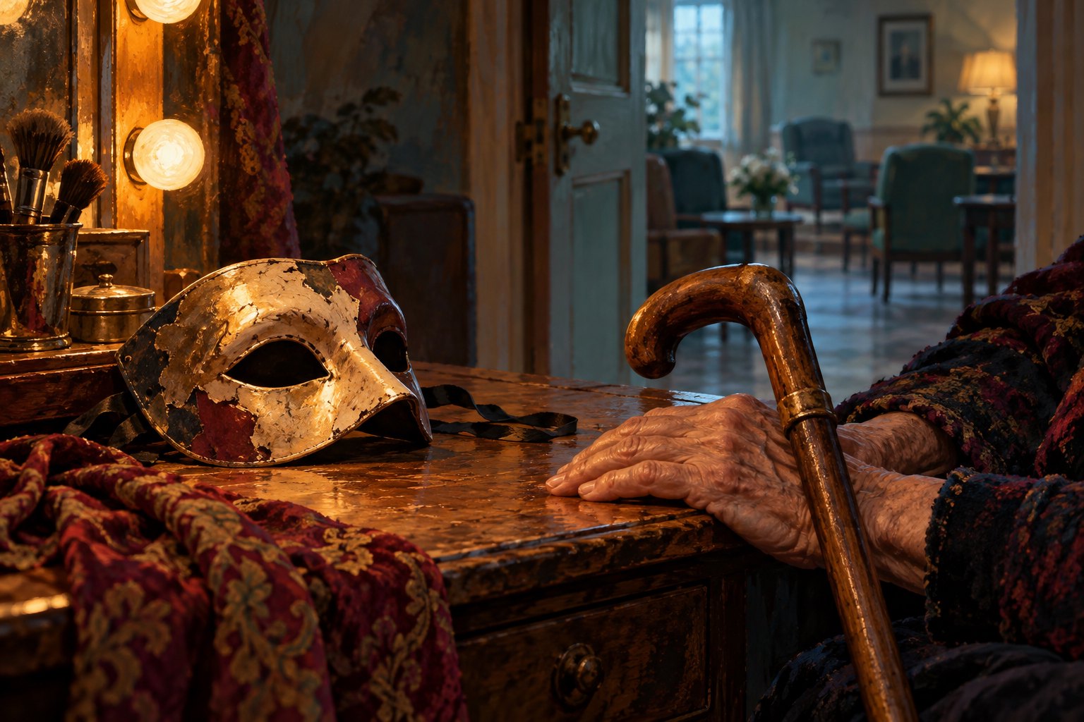An illustrated theatrical mask, elderly hands, and a wooden cane beside a doorway opening onto an empty common room.