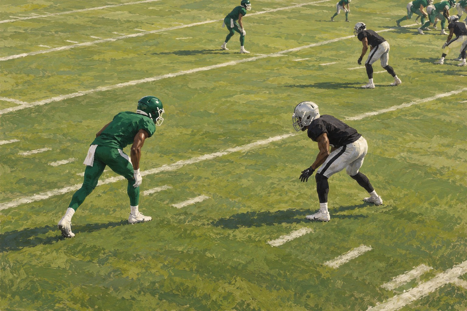 Conceptual illustration of a receiver in green facing a defensive back in black and silver before the snap.