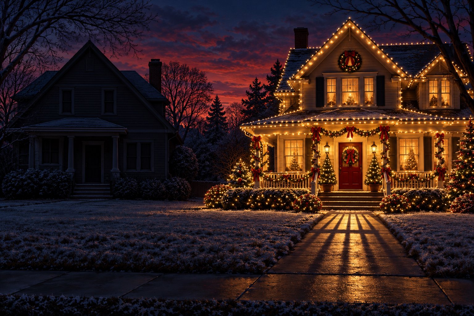 Conceptual illustration of a Christmas-lit suburban house beside a dark neighboring home at twilight.