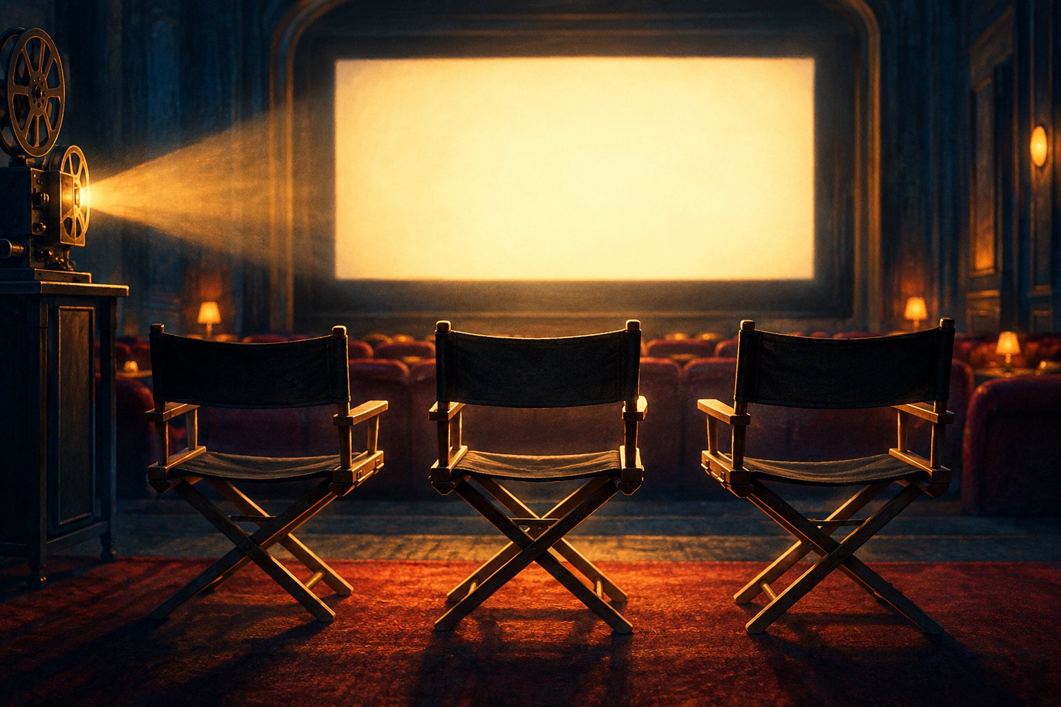 Conceptual illustration of three empty director chairs facing a glowing cinema screen in warm projector light.