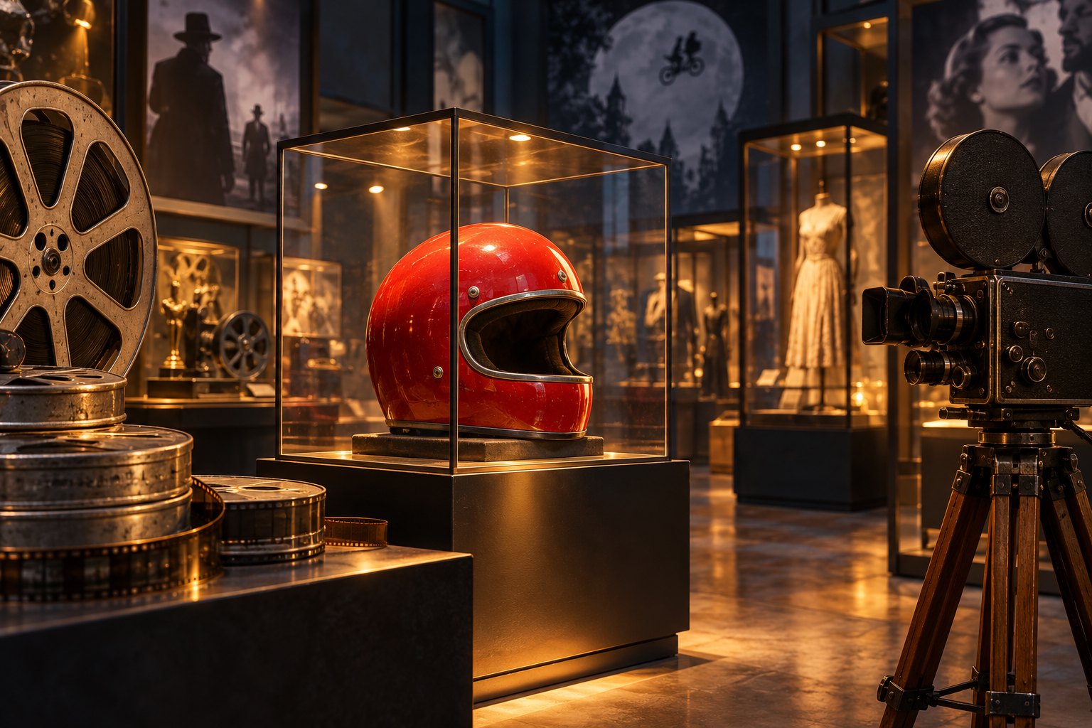 Conceptual illustration of a red racing helmet in a glass case surrounded by film reels and a vintage movie camera.
