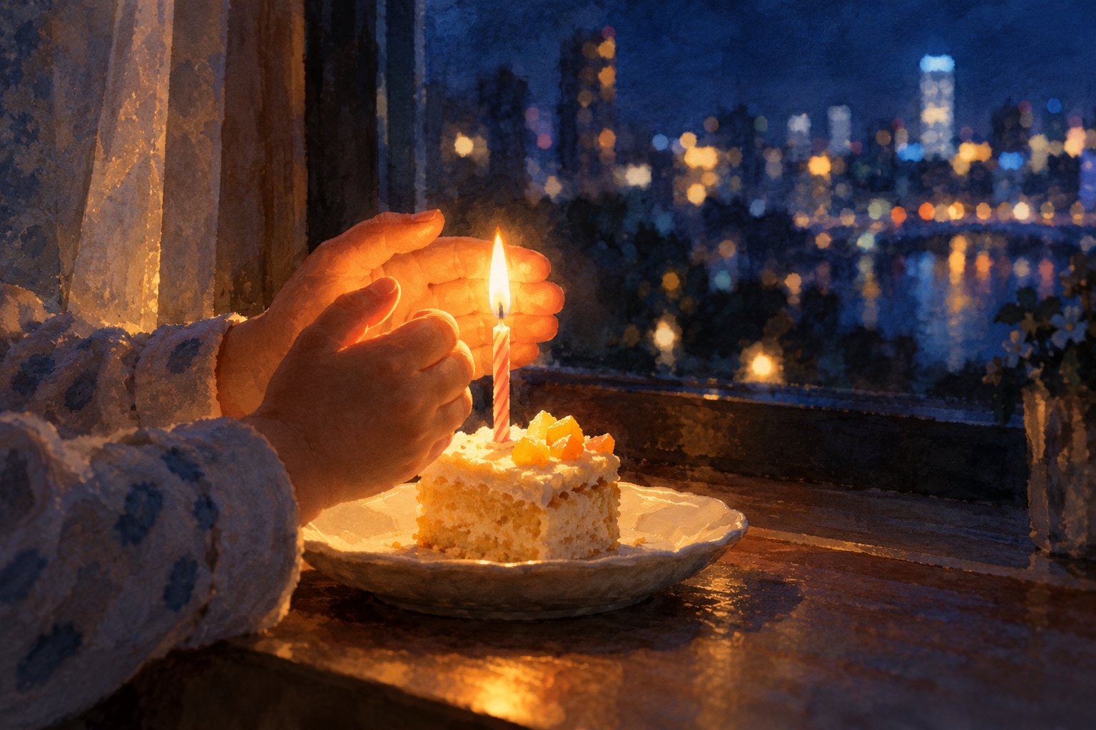 生日愿望概念插画:夜色窗边,一双小手护着蛋糕上的烛光
