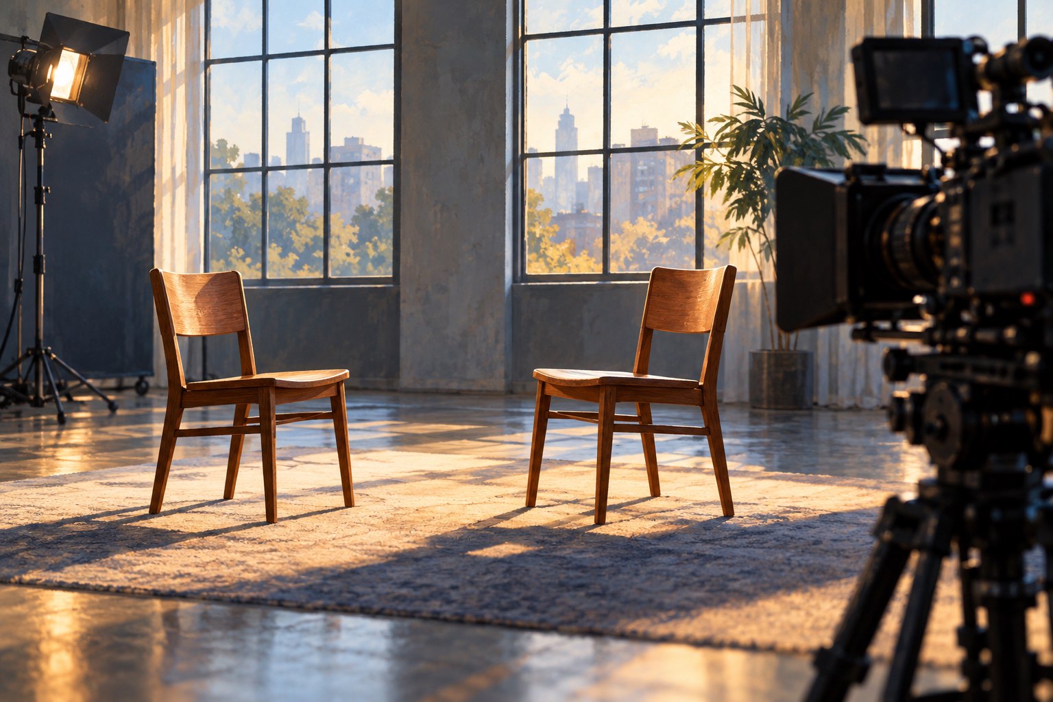 Conceptual illustration of two empty wooden chairs facing each other in a sunlit audition room beside a film camera.