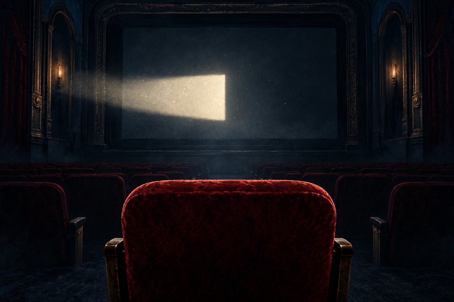 Conceptual illustration of an empty red velvet cinema seat facing a dark screen crossed by a pale beam of light.