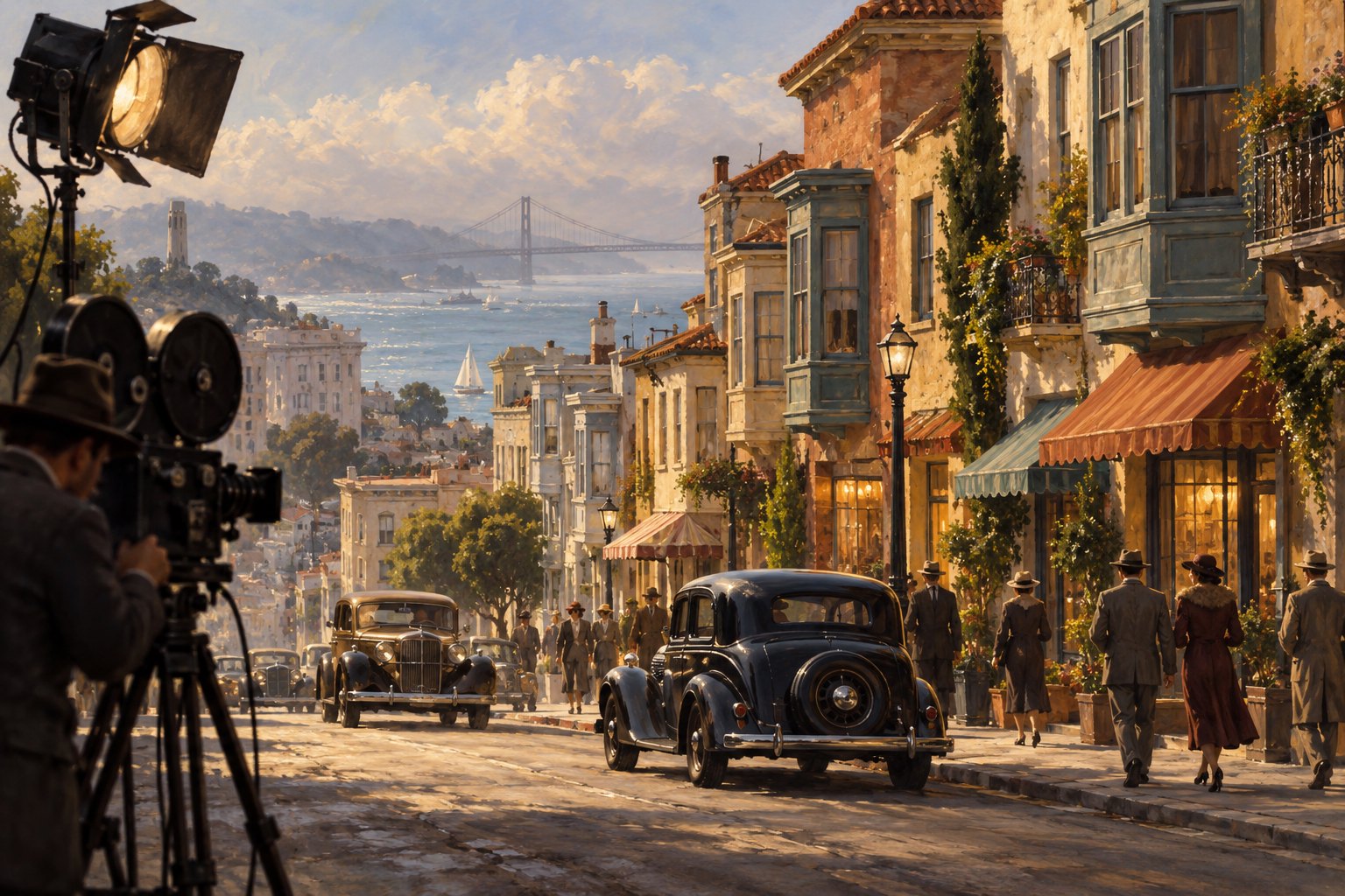 Concept illustration of a San Francisco street imagined as a 1930s movie set, with vintage cars, period clothing, and filming equipment.