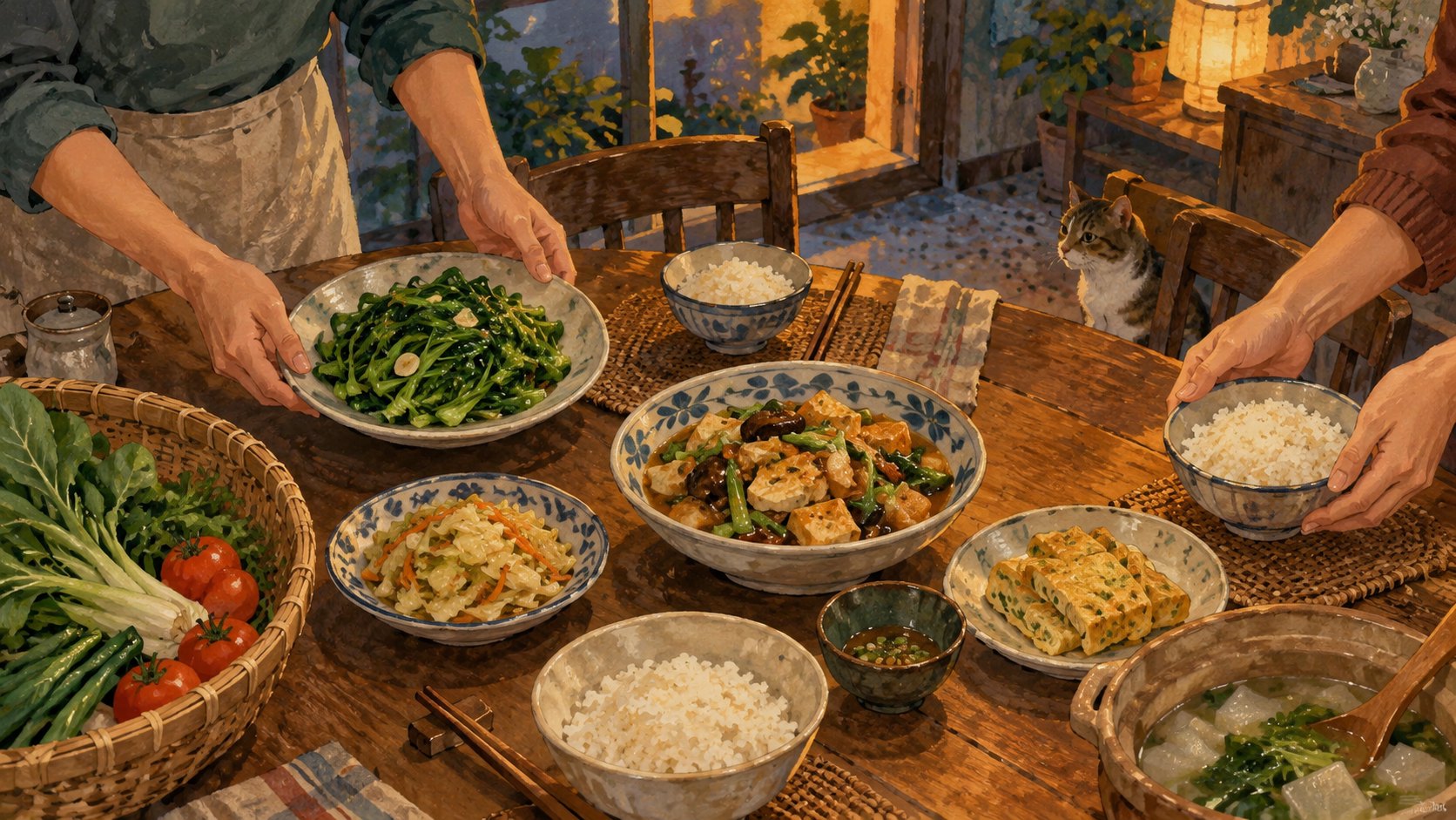 雙手將蔬菜料理端上家中餐桌,呈現食材成為日常餐食的情境插畫