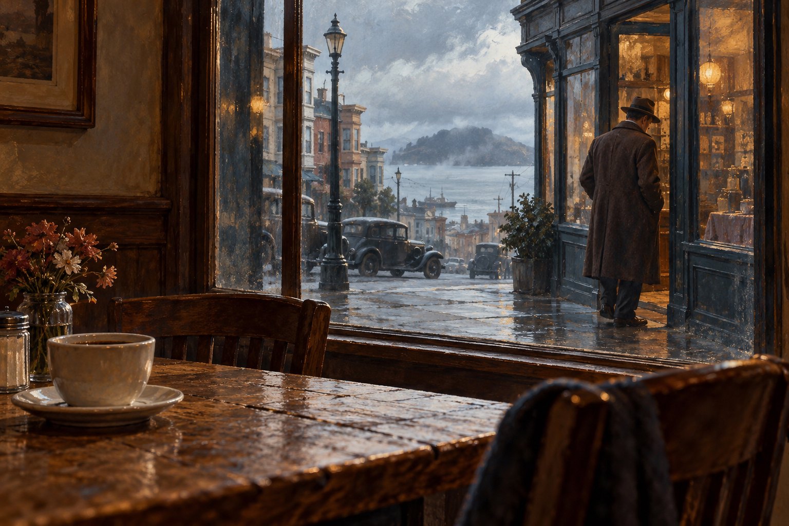 Concept illustration looking through a cafe window toward a solitary figure at a doorway on an imagined 1930s San Francisco street.