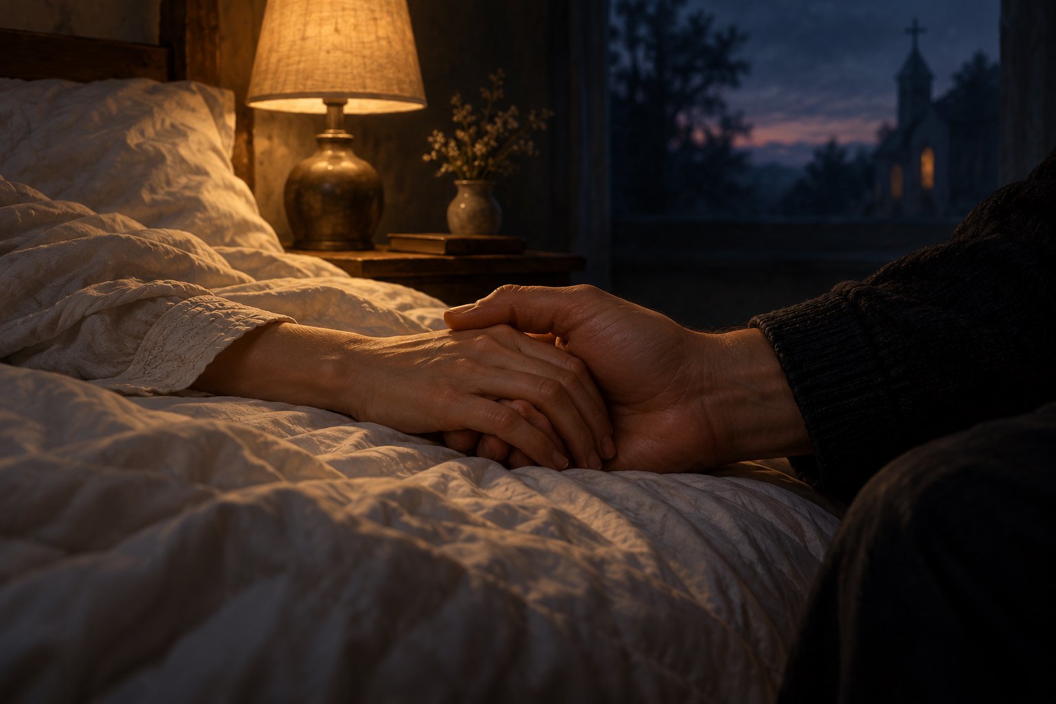One adult gently holds another’s hand beside a bed in warm lamplight, with a church visible beyond the window.