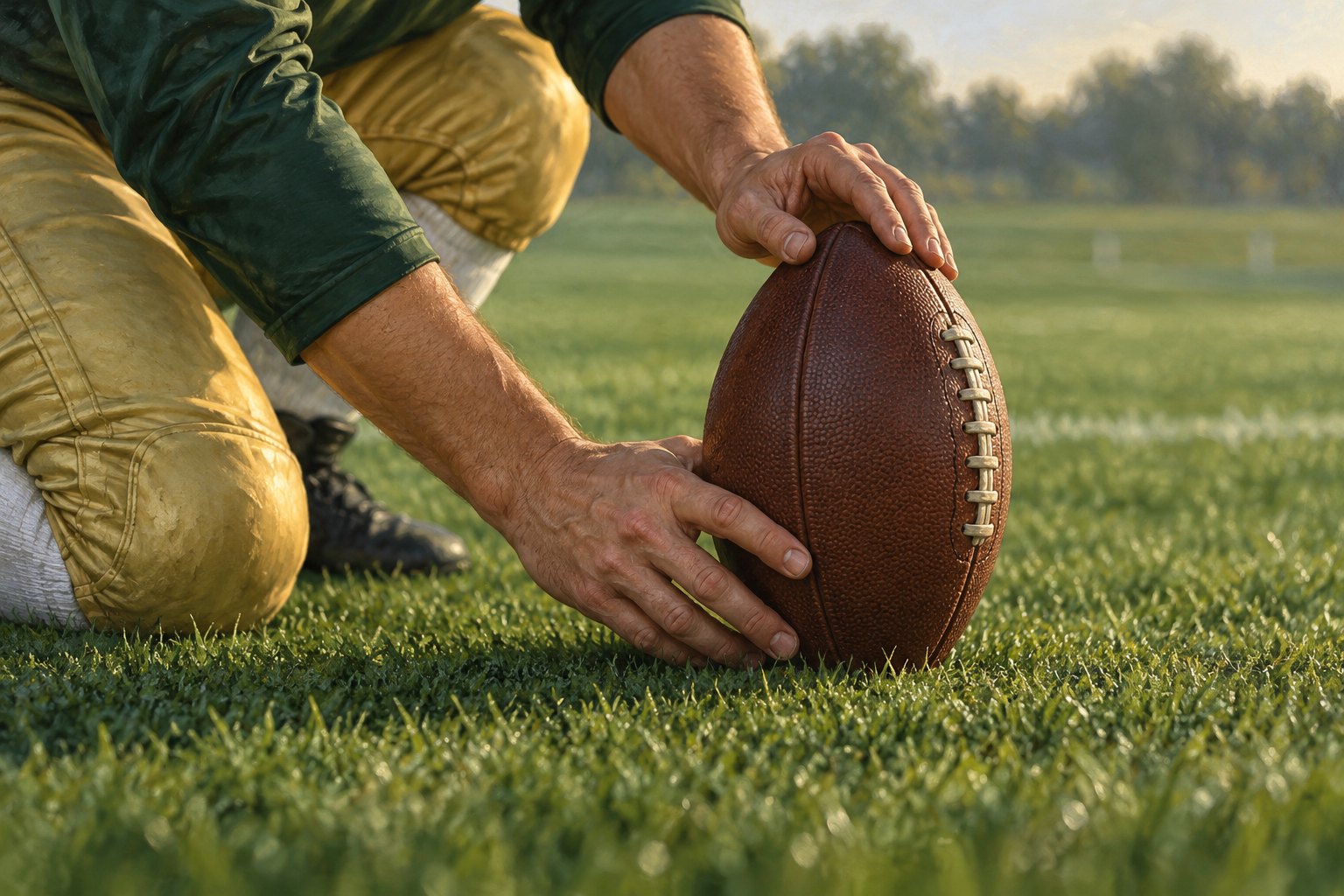 Editorial illustration of a kneeling holder steadying an upright football on the grass.