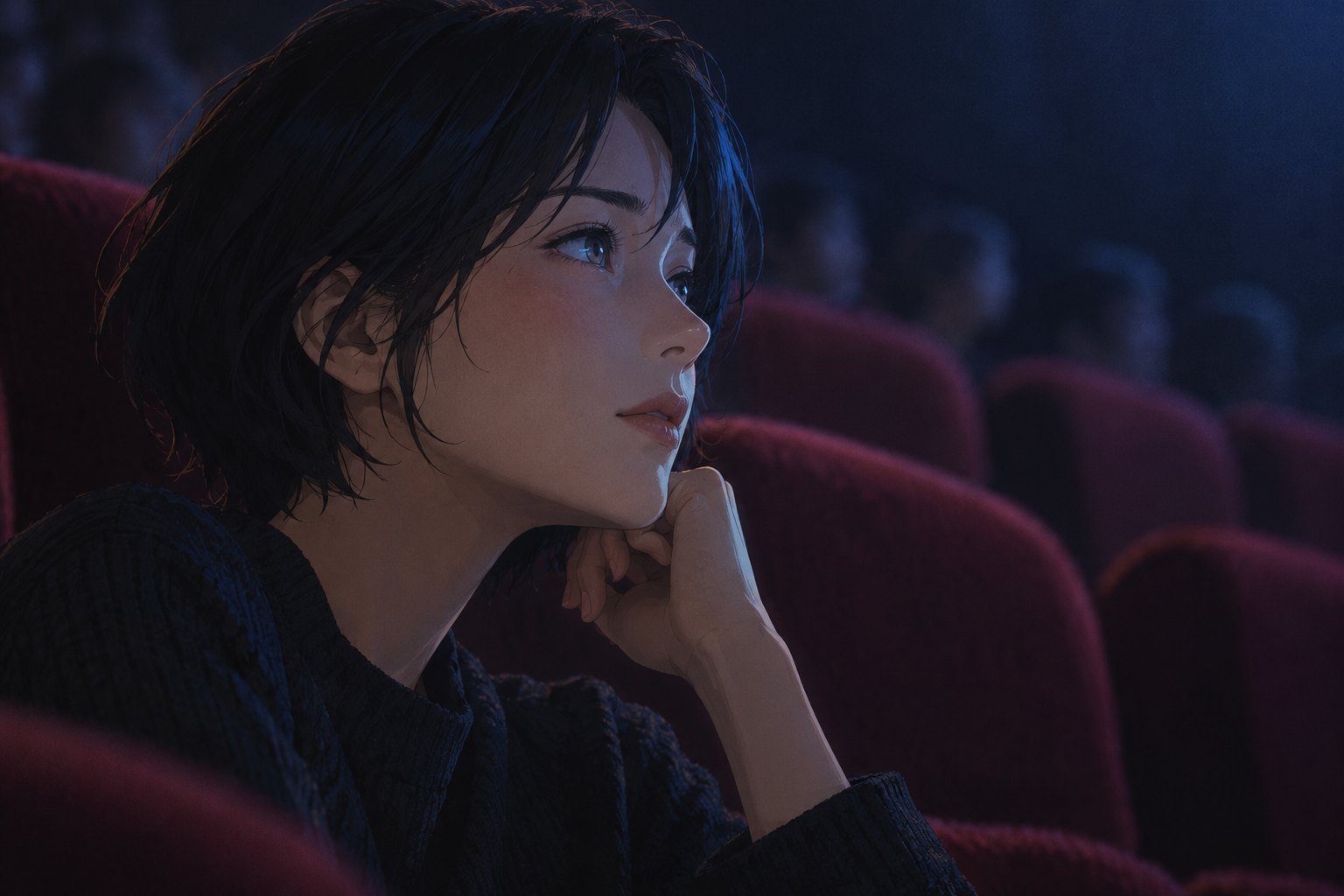 Illustration of a thoughtful moviegoer watching an unseen screen, with soft blue light illuminating her face.