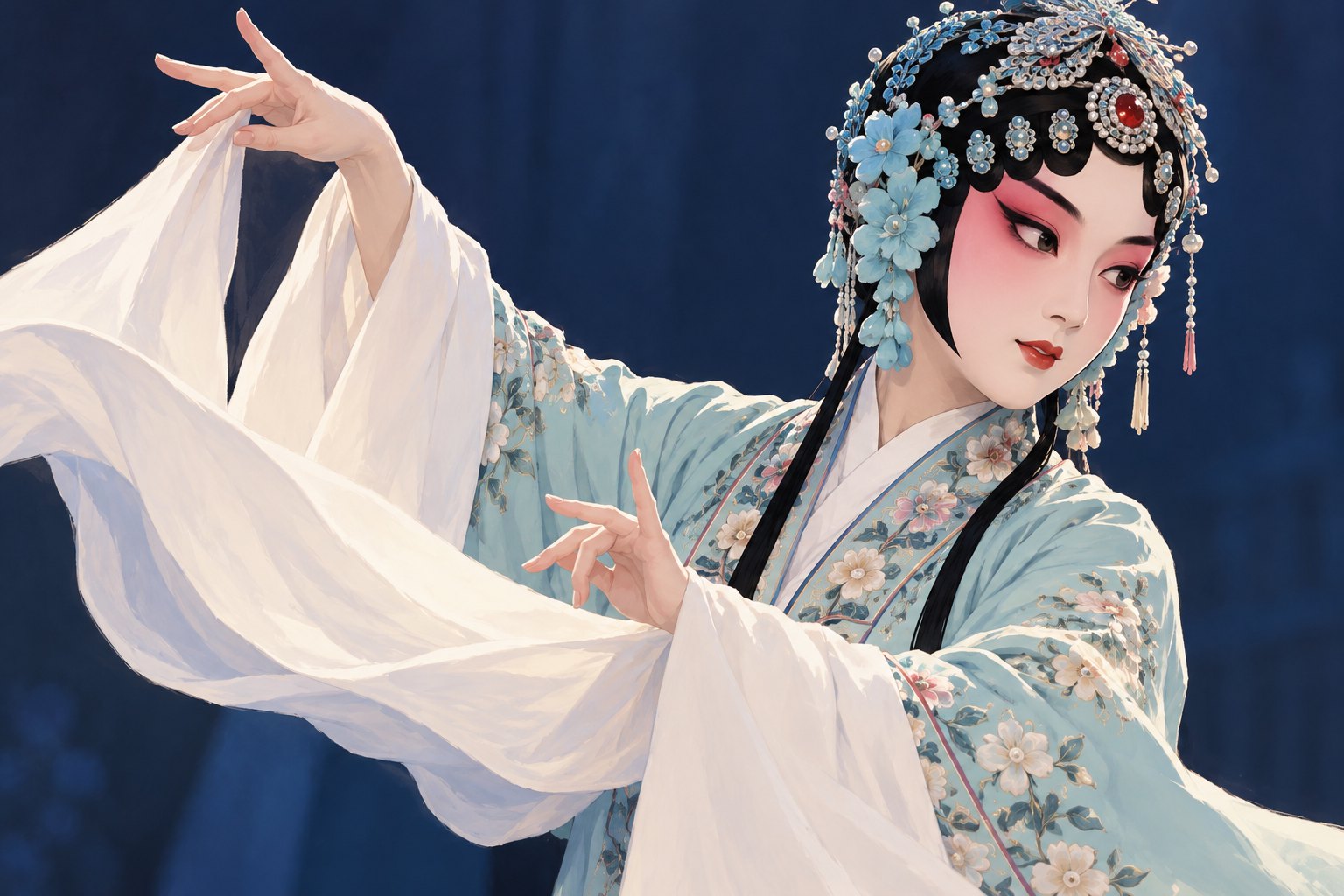 淡青戏服的旦角演员以眼神、手势和白色水袖传递情绪的概念插画