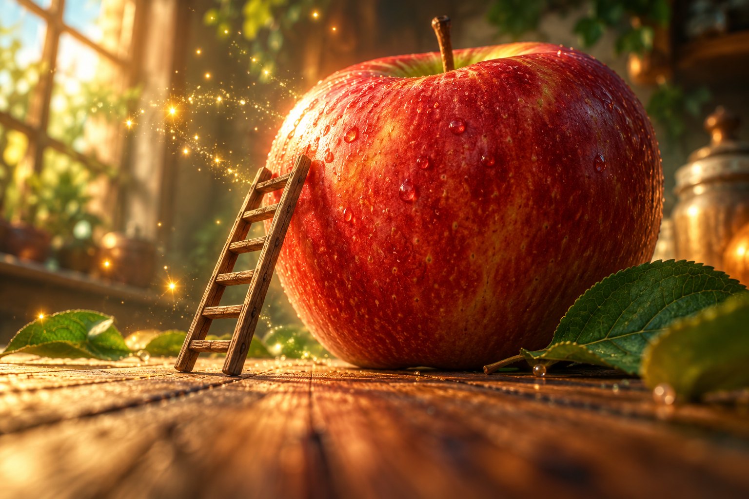 Conceptual illustration of a red apple towering above a tiny wooden ladder on a warmly lit table.