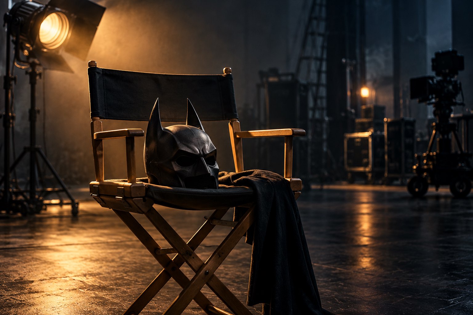 Conceptual illustration of a black Batman cowl on an empty chair beneath an amber soundstage spotlight.